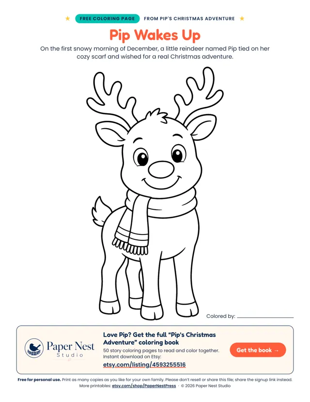 Preview of the free Pip the reindeer Christmas coloring page