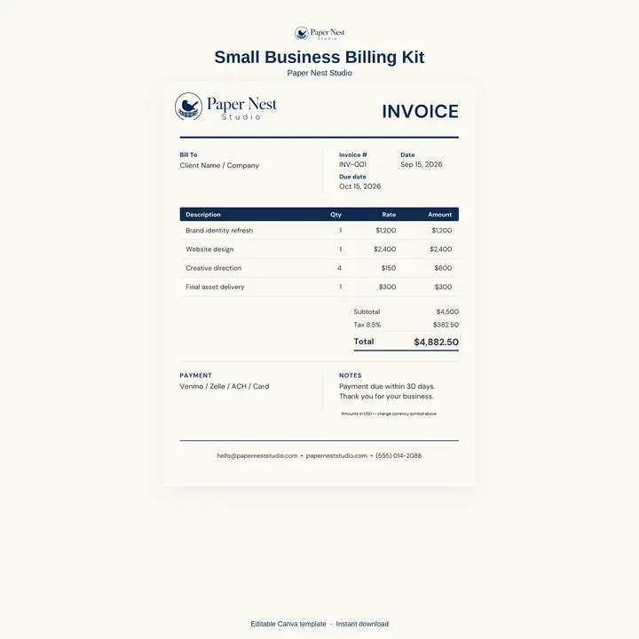 Small Business Billing Kit printable from Paper Nest Studio