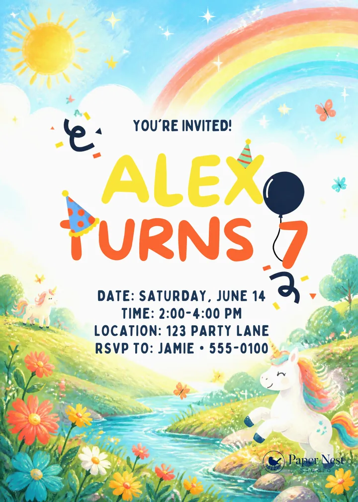 Unicorn Birthday Invitation printable from Paper Nest Studio