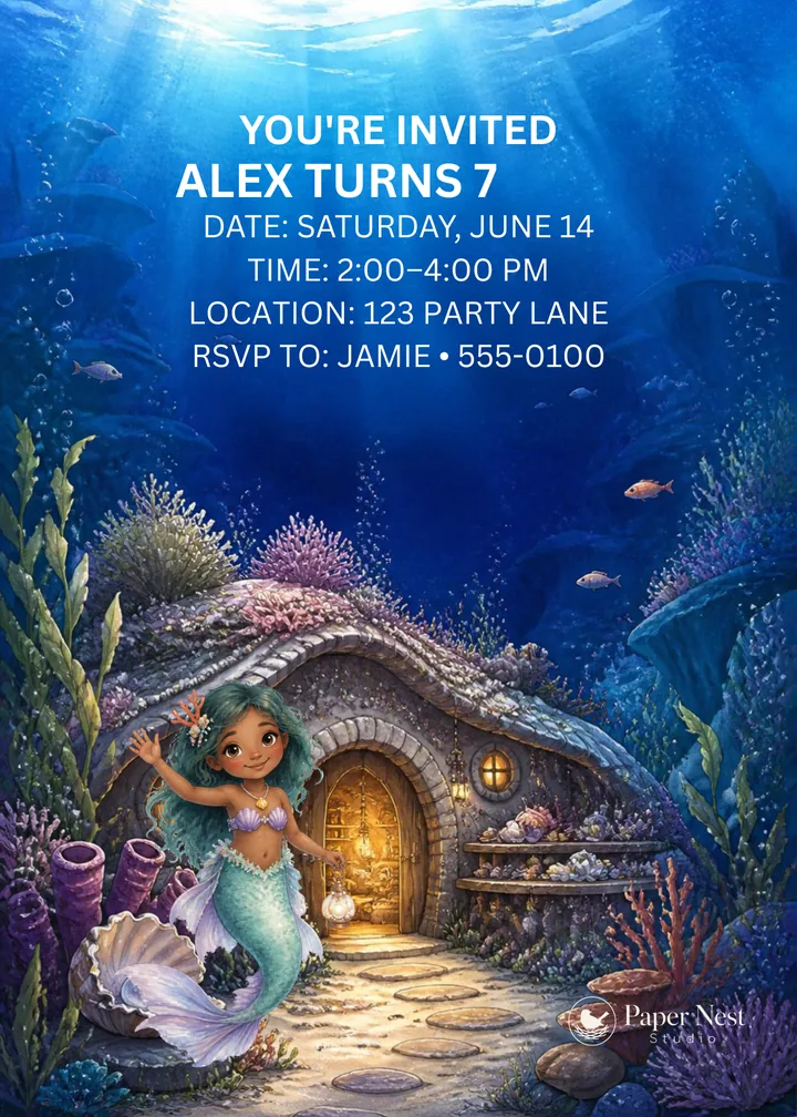 Mermaid Birthday Invitation printable from Paper Nest Studio
