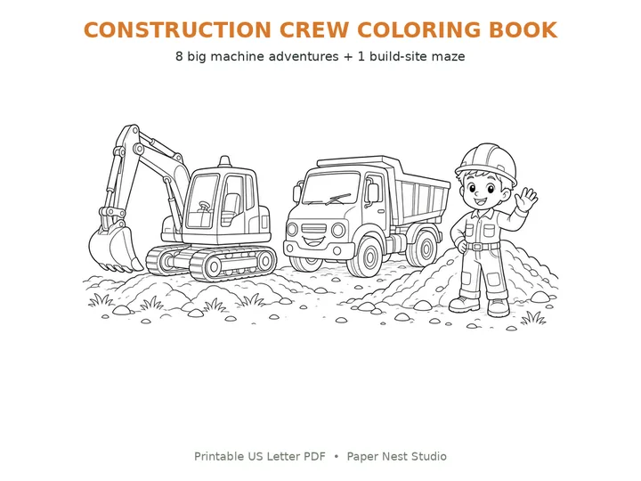 Construction Coloring Book printable from Paper Nest Studio