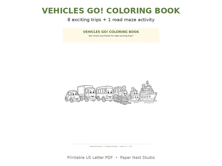 Vehicles Coloring Book printable from Paper Nest Studio