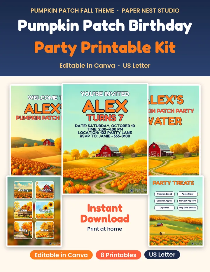 Pumpkin Patch Birthday Party Kit printable from Paper Nest Studio